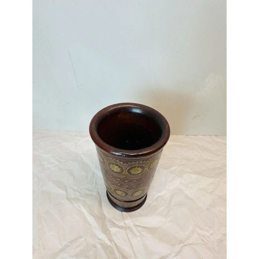 Vintage Soviet-era Russian uskul brass inlay wood pencil cup/vase 4.25